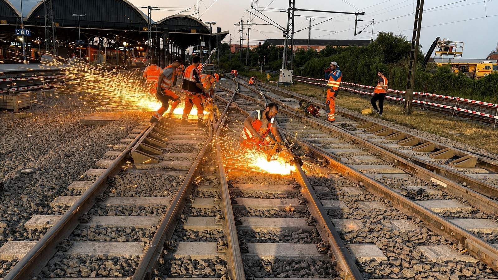 Schienentrennschnitte an einer doppelten Kreuzungsweiche (DKW) während der Sperrpause